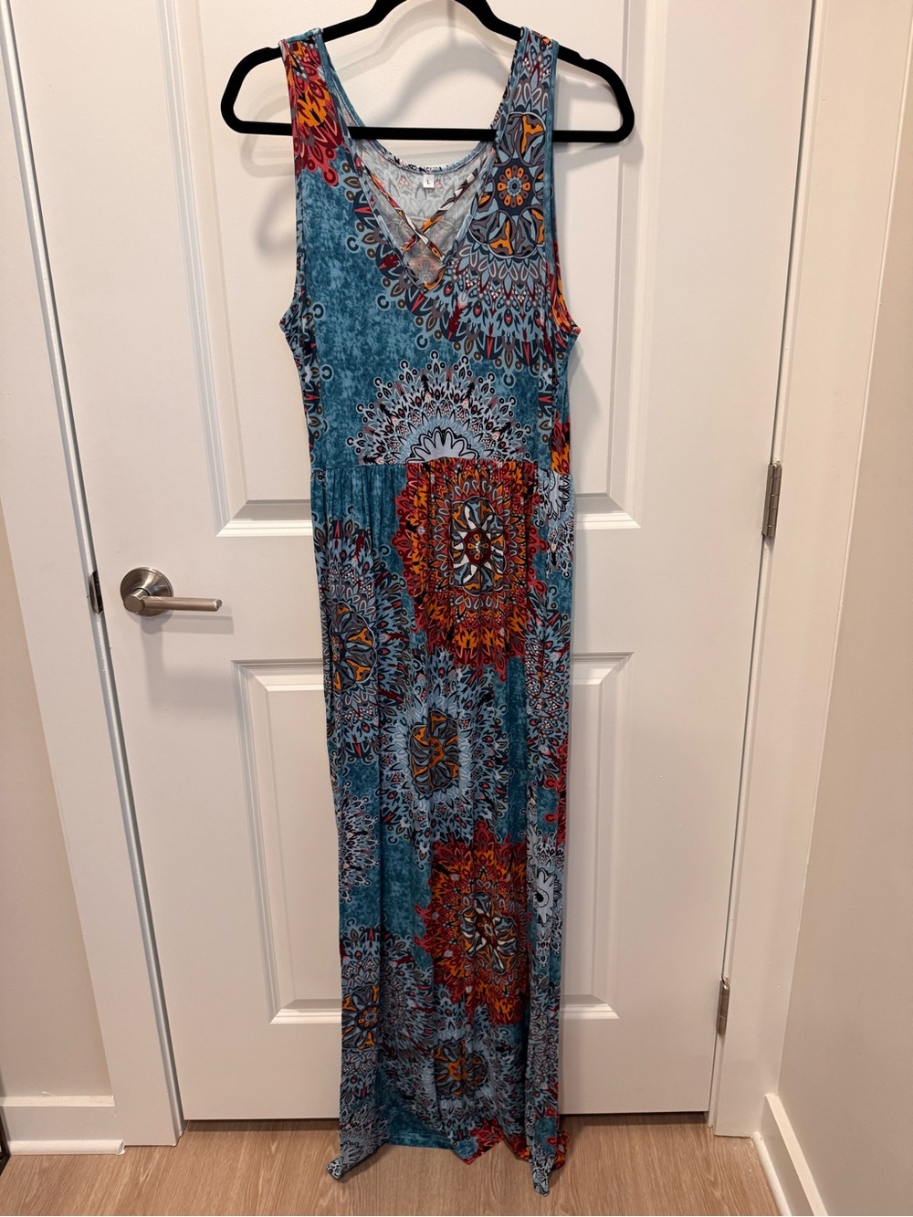 Sleeveless Blue & Orange Printed Maxi Dress